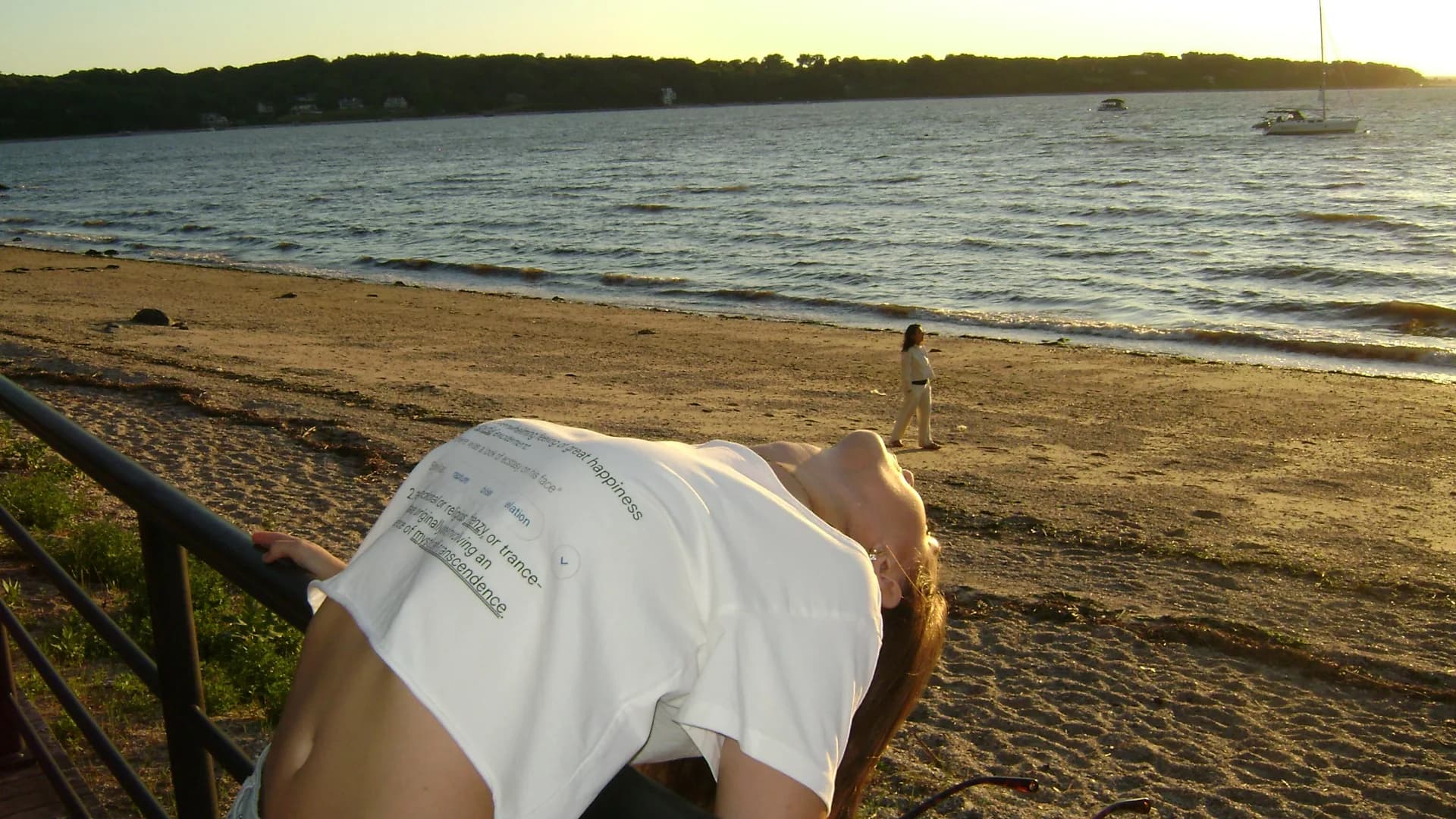 The Dictionary Crop Tee worn on the boardwalk at sunset